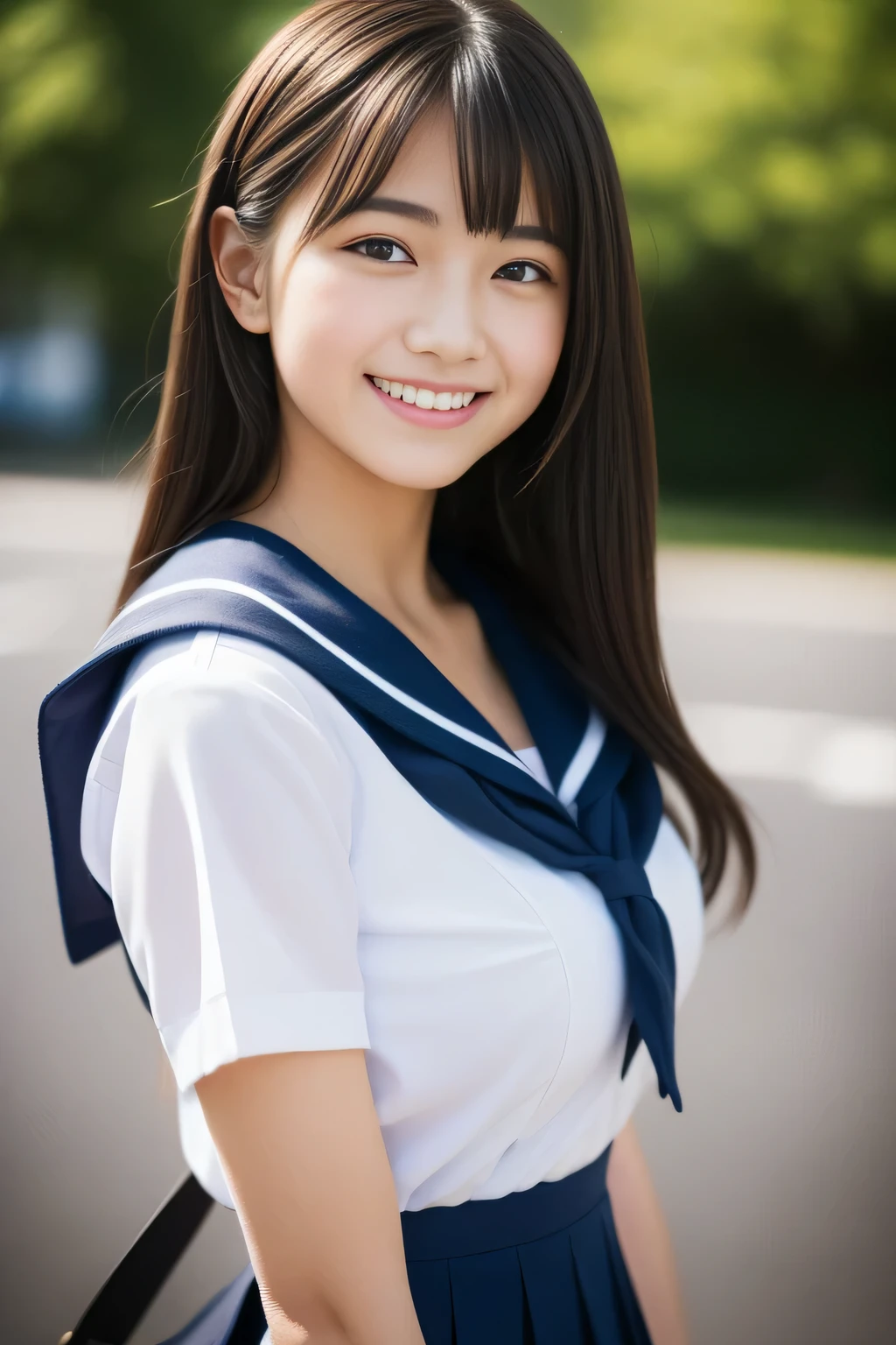 (masterpiece、16K image、high resolution、highest quality)、solo、One Girl、(Japanese Girls' High School Sailor Uniform,perfection)、(Perfect anatomy,Beautiful body、Healthy Body、Beautiful Skin)、sunny day、Black-haired、Short-haired、black eye、On the way home、Huge boobs:1.5、School zone、Getting to and from school、Artistic.、Beautiful woman、Beauty Body、smile、Cinderella girl