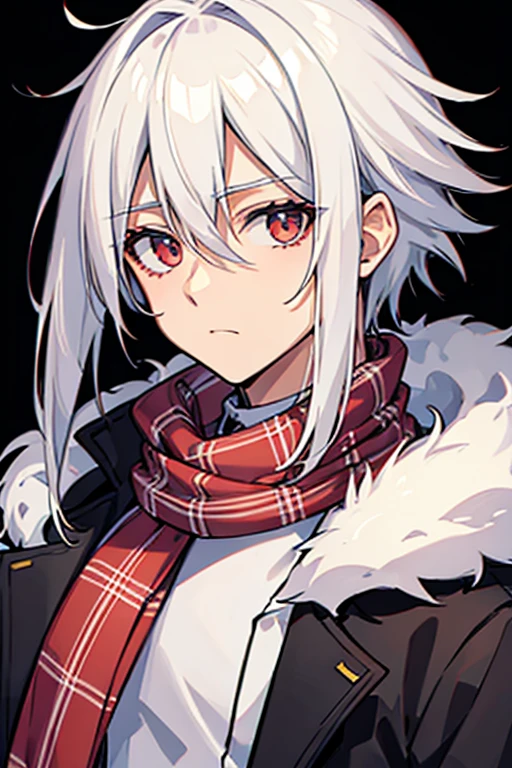 A male character with white hair and a plaid scarf around his neck, com uma aura de chamas ao redor