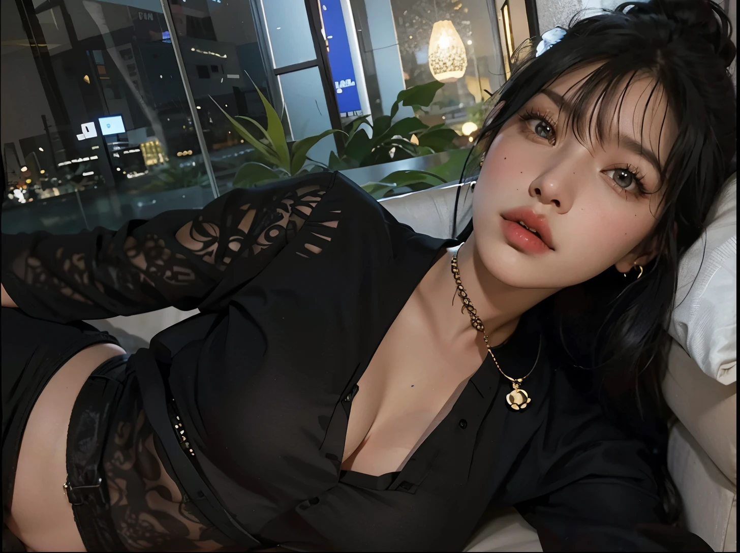 (8k, top quality, masterpiece: 1.2), (realistic, photorealistic: 1.37), super detailed, girl single, cute, solo, midnight, beautiful detailed sky, detailed café, sitting, date, (blush), (smile: 1.15), small breasts (mouth closed), beautiful fine eyes, floating hair NovaFrogStyle, back open dress