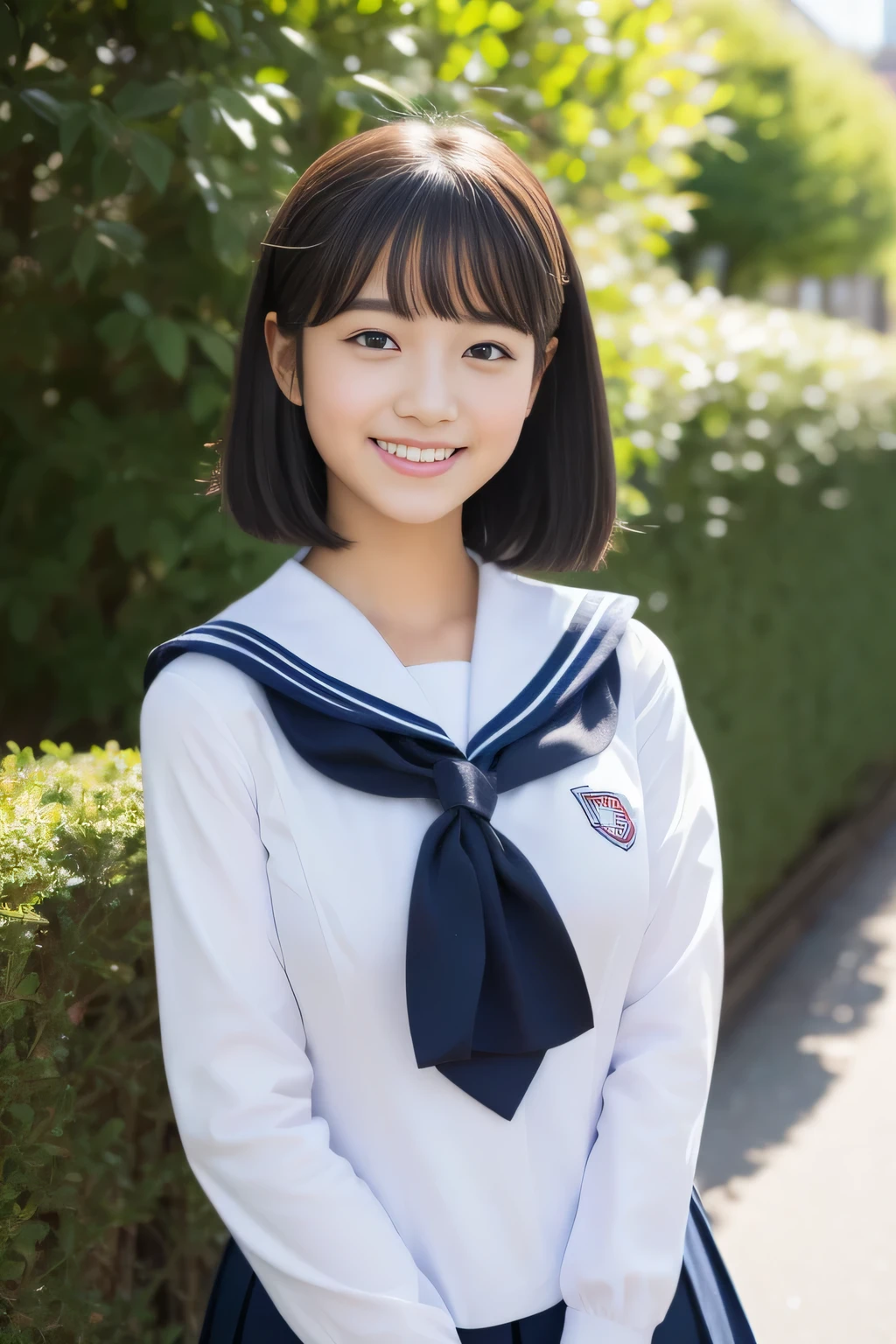 (masterpiece、16K image、high resolution、highest quality)、solo、One Girl、(Japanese Girls' High School Sailor Uniform,perfection)、(Perfect anatomy,Beautiful body、Healthy Body、Beautiful Skin)、sunny day、Black-haired、Short-haired、black eye、On the way home、Huge boobs:1.5、School zone、Getting to and from school、Artistic.、Beautiful woman、Beauty Body、smile、Cinderella girl