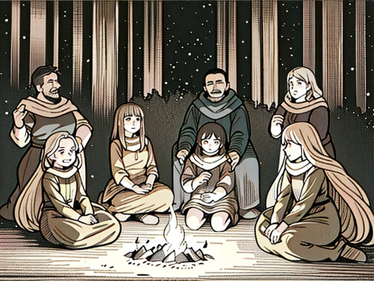 Friendly gatherings around the fire, Nighty night, Dense dark forest, Stars in the sky; many small environmental details, intricate details, high quality textures, High detail, realistic textures, natural light from the fire; beautiful realistic proportional bodies and faces, diverse company; tell stories, Free postures, interaction 