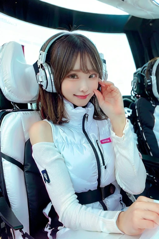 High resolution, highest quality, Perfect dynamic composition, Beautiful details, Off the shoulder、Shiny Hair、Medium Hair, Natural color lip, university student、Harajuku、smile、(headphone),(headset),(astrovest):3,(black sleeves):5,inside spacestation,inside spacecraft,,zero gravity,smile,open leg,blush:1.5,hidden hands,neotech