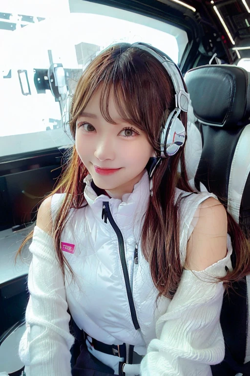 High resolution, highest quality, Perfect dynamic composition, Beautiful details, Off the shoulder、Shiny Hair、Medium Hair, Natural color lip, university student、Harajuku、smile、(headphone),(headset),(astrovest):3,(black sleeves):5,inside spacestation,inside spacecraft,,zero gravity,smile,open leg,blush:1.5,hidden hands,neotech