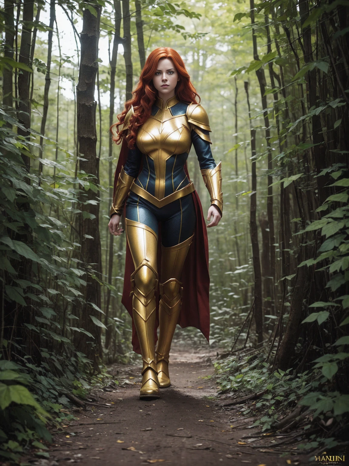 Masterpiece, fulllength, 1 girl, wood elf, perfect body, perfect face, perfect face, red hair, green eyes, standing in forest, wearing sci-fi bodysuit