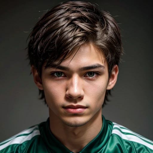 85mm DSLR colour photography of a very detailed headshot fitting all head and hair in frame, centered. 16 year old male, white skin, square jaw, green eyes, asian eyelids, Japanese and Italian soccer player, with very long Brown hair parted in the center, with a smug smile. Solid white background.