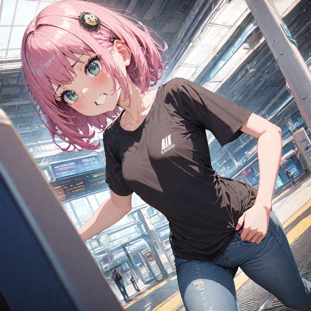 (masterpiece), (highest quality), (High resolution), detailed, (複雑なdetailed 1.2), (Hyper detailed 1.4), (Gorgeous Digital Art 1.2), Absurd, One girl, Small breasts, teeth, hair ornaments, alone, Pink Hair, (Black Shirt:1.3), jeans, (station:1.2) running, Thighs, Short Stack, 