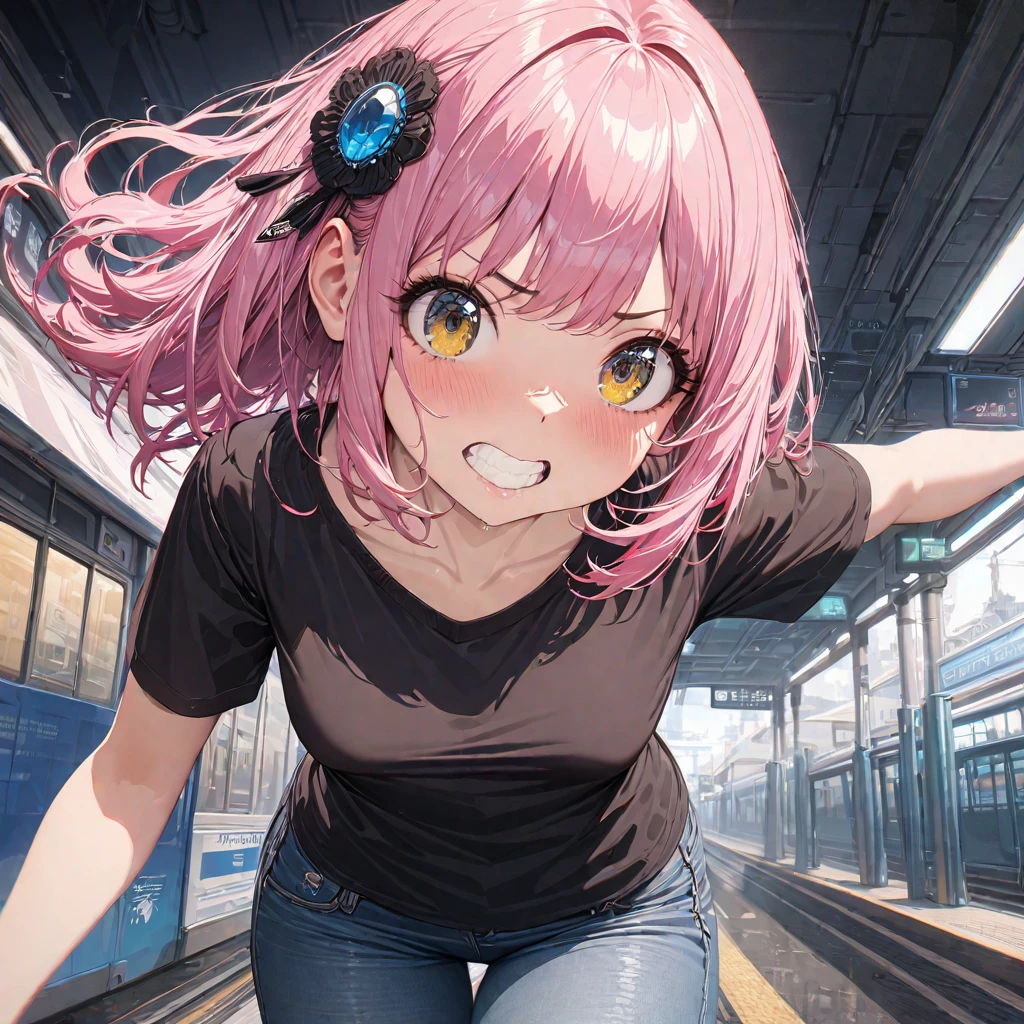 (masterpiece), (highest quality), (High resolution), detailed, (複雑なdetailed 1.2), (Hyper detailed 1.4), (Gorgeous Digital Art 1.2), Absurd, One girl, Small breasts, teeth, hair ornaments, alone, Pink Hair, (Black Shirt:1.3), jeans, (station:1.2) running, Thighs, Short Stack, 