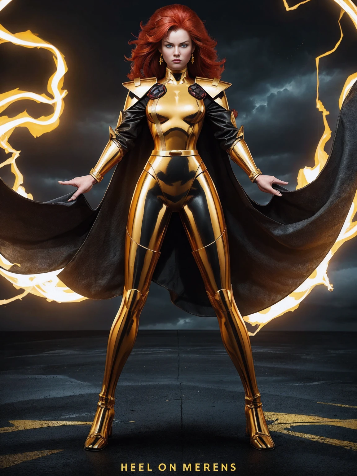 ((Full body photo,standing, feet on the ground))CARTOON_X_MENs_Storm,A red-haired warrior girl with yellow eyes wearing black and gold CARTOON_X_MENs_Storm, armor