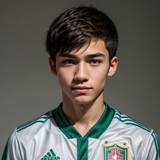 85mm DSLR colour photography of a very detailed headshot fitting all head and hair in frame, centered. 16 year old male, white skin, square jaw, green eyes, asian eyelids, Japanese and Italian soccer player, with very long Brown hair parted in the center, with a smug smile. Solid white background.