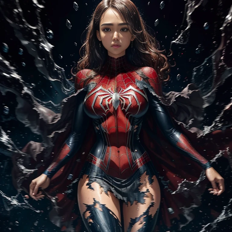 Jessica Alba、マーベル・コミック映画のPoster, Very beautiful, Movies about Spiderman, sexy, whole body, I'm wearing a skirt、Premiere date, Poster、belly buttonを突き出す、new york、She&#39;s wearing a torn Spider-Man suit,The suit is torn、Wearing a skirt、 Red and black color scheme,dynamic、masterpiece、highest quality、Ultra-detailed、Very detailed、A delicate and beautiful shine、超A high resolution、Cinematic,Break,Breakdrop,(Torn clothes:1.5), (Wet clothes:1.4), Bare shoulders,Real Rain,Wet Hair,belly button、Exposing Skin、sexyな肩を見せてる