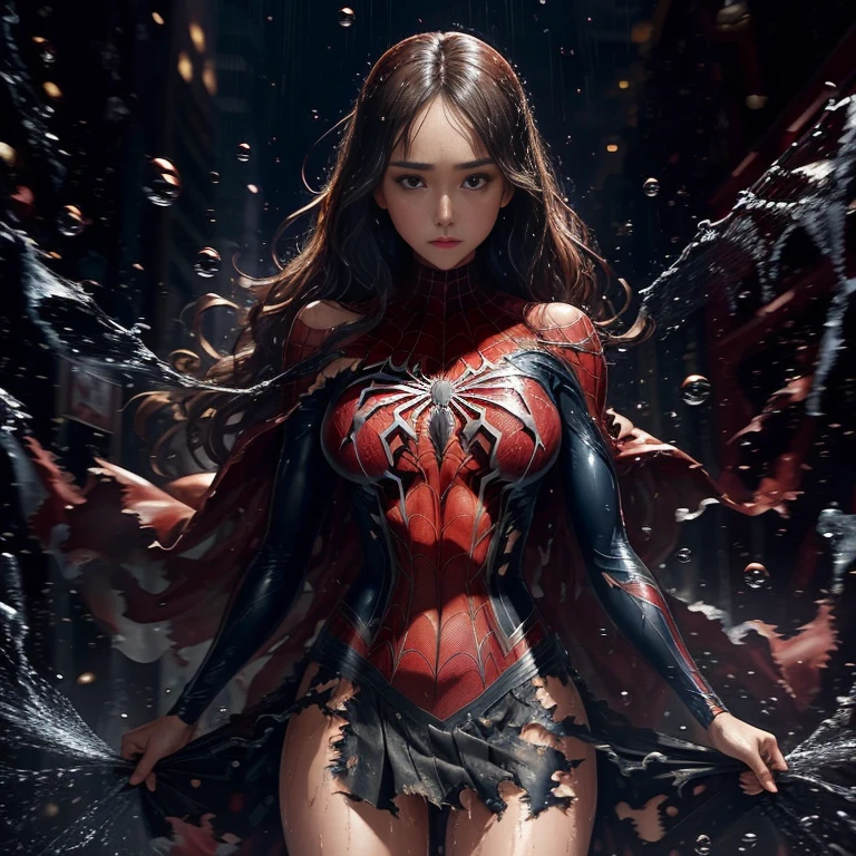 Jessica Alba、マーベル・コミック映画のPoster, Very beautiful, Movies about Spiderman, sexy, whole body, I'm wearing a skirt、Premiere date, Poster、belly buttonを突き出す、new york、She&#39;s wearing a torn Spider-Man suit,The suit is torn、Wearing a skirt、 Red and black color scheme,dynamic、masterpiece、highest quality、Ultra-detailed、Very detailed、A delicate and beautiful shine、超A high resolution、Cinematic,Break,Breakdrop,(Torn clothes:1.5), (Wet clothes:1.4), Bare shoulders,Real Rain,Wet Hair,belly button、Exposing Skin、sexyな肩を見せてる