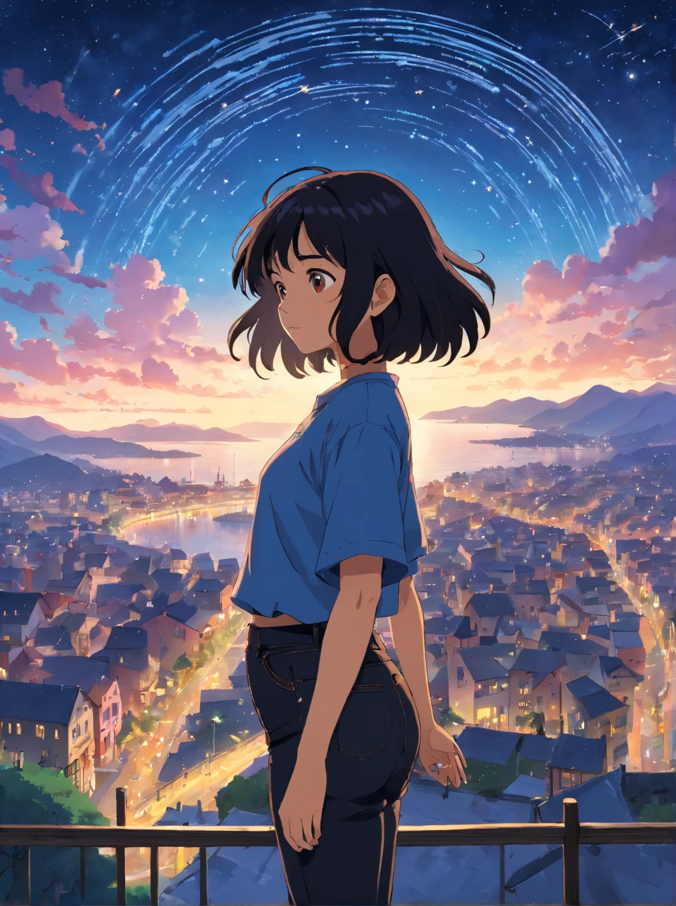 ((Best Quality, 8K, Masterpiece: 1.3)), landscape, morning shoot, star trail, slow speed, standing young african woman with black hair, black jeans, look at the stars, amazing scenery, hundreds of stars forming a circle, light waves, futures city, magic in hands.