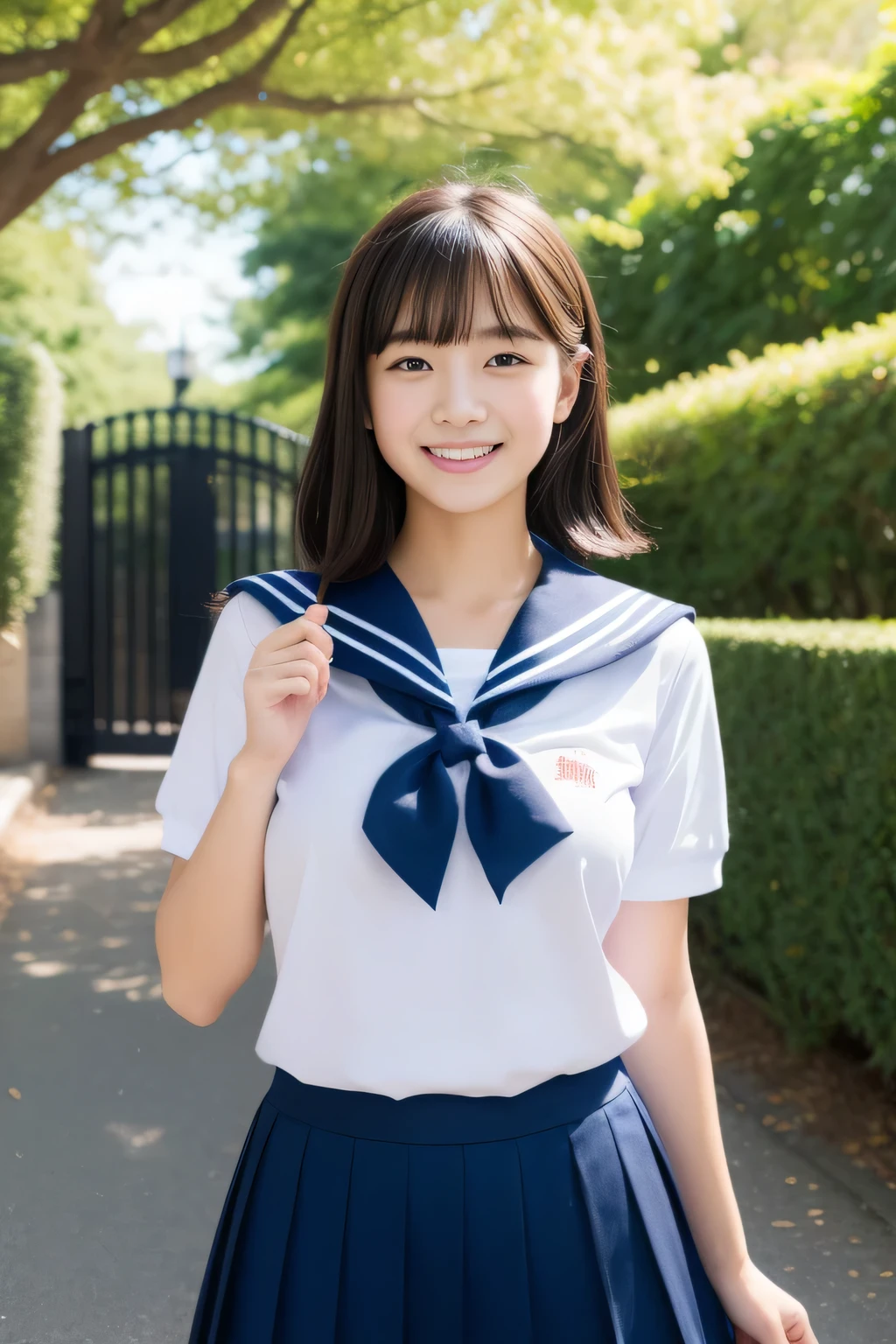 (masterpiece、16K image、high resolution、highest quality)、solo、One Girl、(Japanese Girls&#39; High School Sailor Uniform,perfection)、(Perfect anatomy,Beautiful body、Healthy Body、Beautiful Skin)、sunny day、Black-haired、Short-haired、black eye、On the way home、Huge boobs:1.5、In front of the school gate、Getting to and from school、Artistic.、Beautiful woman、Beauty Body、smile、Cinderella girl
