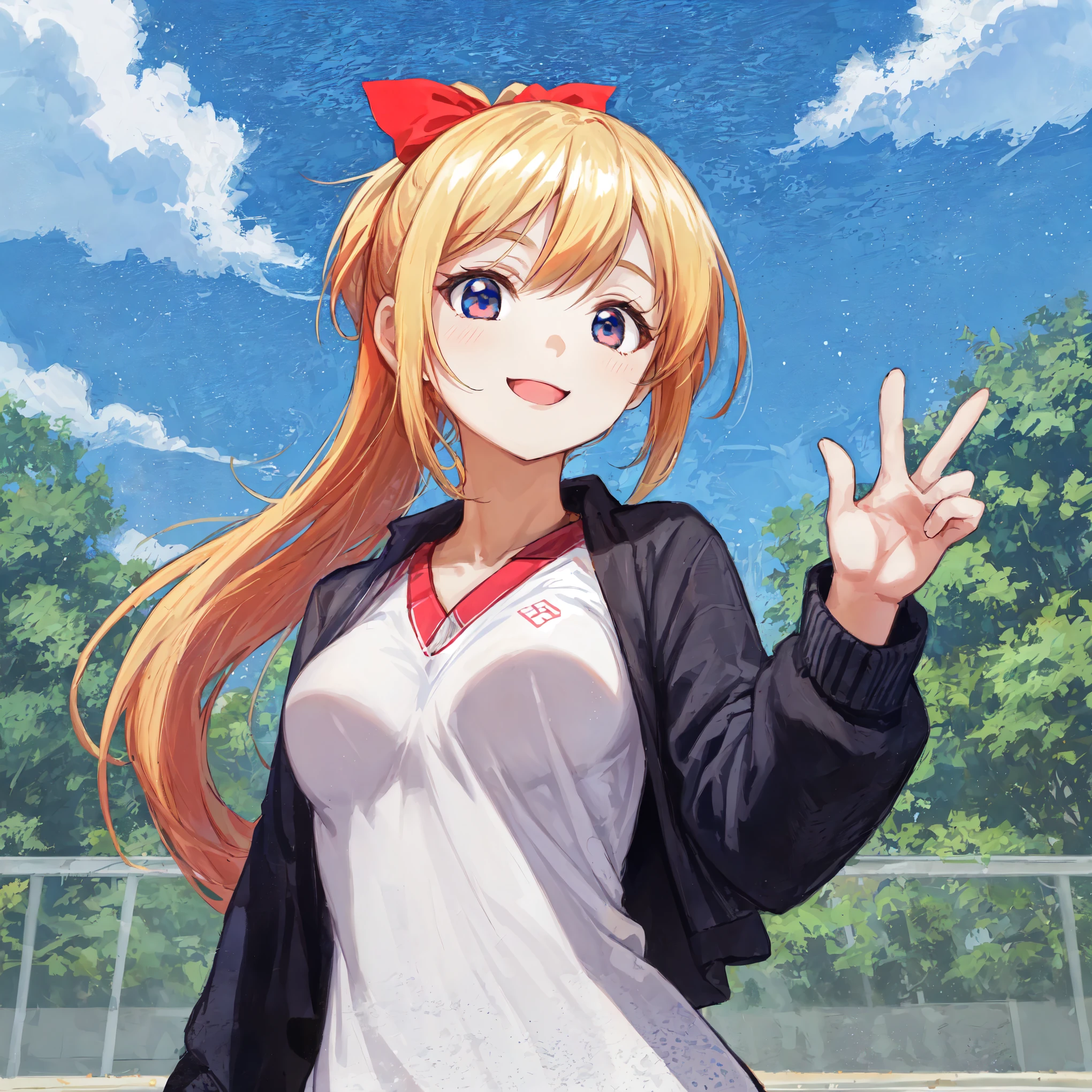 Beautiful illustrations,peace,highest quality, Peace with a smile,pretty girl,Clear skies,Tennis Wear,garden,High-quality backgrounds,Slanted Eyes,From Below,Tennis Wear,Blonde ponytail,peace,{,{{beautiful large breasts 1:4}},Black cardigan,Red ribbon,Detailed shirt chest wrinkles,{{{high school girl}}},Photoreal 1;4,BREAK,{{beautiful dark blue eye1:4}},BREAK,Five fingers,smile