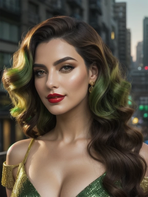 obra de arte solo, 1 garota, Red lips parted in a seductive smile, bombas de colete colossales, olhos verdes brillantes, hair in tight curls, cheveios multicolores with golden and green highlights, chestnut brown base, Ombre effect, reminiscent of X-Men's Anna Lebeau, franja lateral, side lighting revealing intricate pores and textures on her smooth, urban jungle backdrop, high-quality retro illustration, capturing the essence of a Super Heroin character.