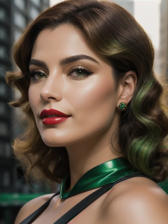 obra de arte solo, 1 garota, Red lips parted in a seductive smile, bombas de colete colossales, olhos verdes brillantes, hair in tight curls, cheveios multicolores with golden and green highlights, chestnut brown base, Ombre effect, reminiscent of X-Men's Anna Lebeau, franja lateral, side lighting revealing intricate pores and textures on her smooth, urban jungle backdrop, high-quality retro illustration, capturing the essence of a Super Heroin character.