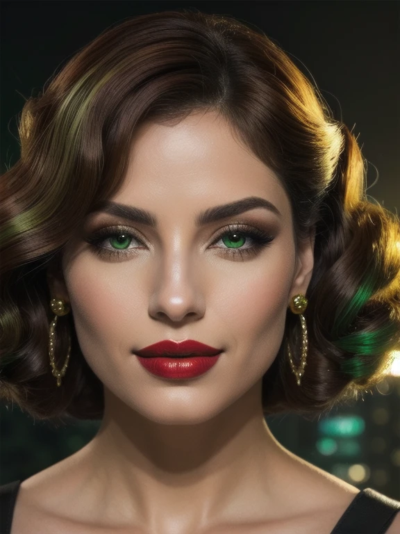 obra de arte solo, 1 garota, Red lips parted in a seductive smile, bombas de colete colossales, olhos verdes brillantes, hair in tight curls, cheveios multicolores with golden and green highlights, chestnut brown base, Ombre effect, reminiscent of X-Men's Anna Lebeau, franja lateral, side lighting revealing intricate pores and textures on her smooth, urban jungle backdrop, high-quality retro illustration, capturing the essence of a Super Heroin character.