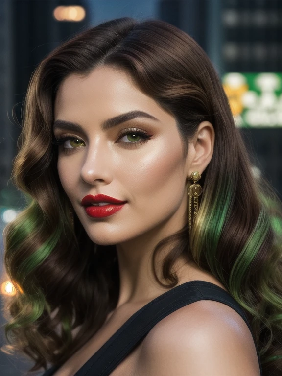 obra de arte solo, 1 garota, Red lips parted in a seductive smile, bombas de colete colossales, olhos verdes brillantes, hair in tight curls, cheveios multicolores with golden and green highlights, chestnut brown base, Ombre effect, reminiscent of X-Men's Anna Lebeau, franja lateral, side lighting revealing intricate pores and textures on her smooth, urban jungle backdrop, high-quality retro illustration, capturing the essence of a Super Heroin character.