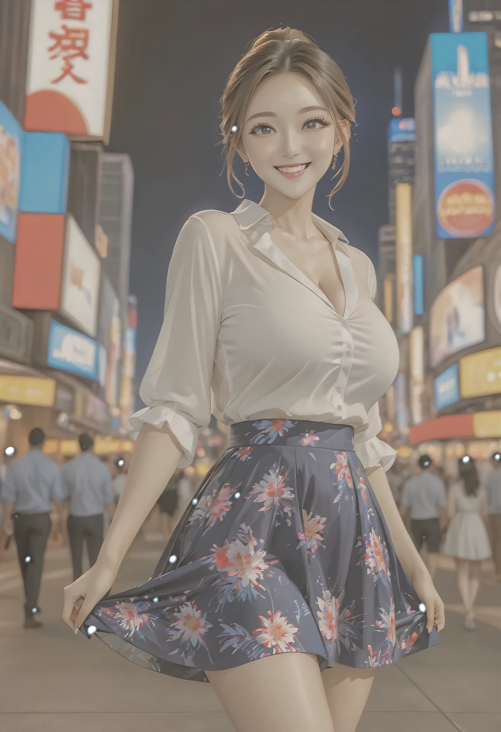 masterpiece、Mastepiece、girl、Random hairstyle、Clear eyes、Smiling at the audience、Perfect proportions、full body shot、Large breasts、Wear a stylish blouse、Wearing a skirt、Sexy pose、The background is American cities