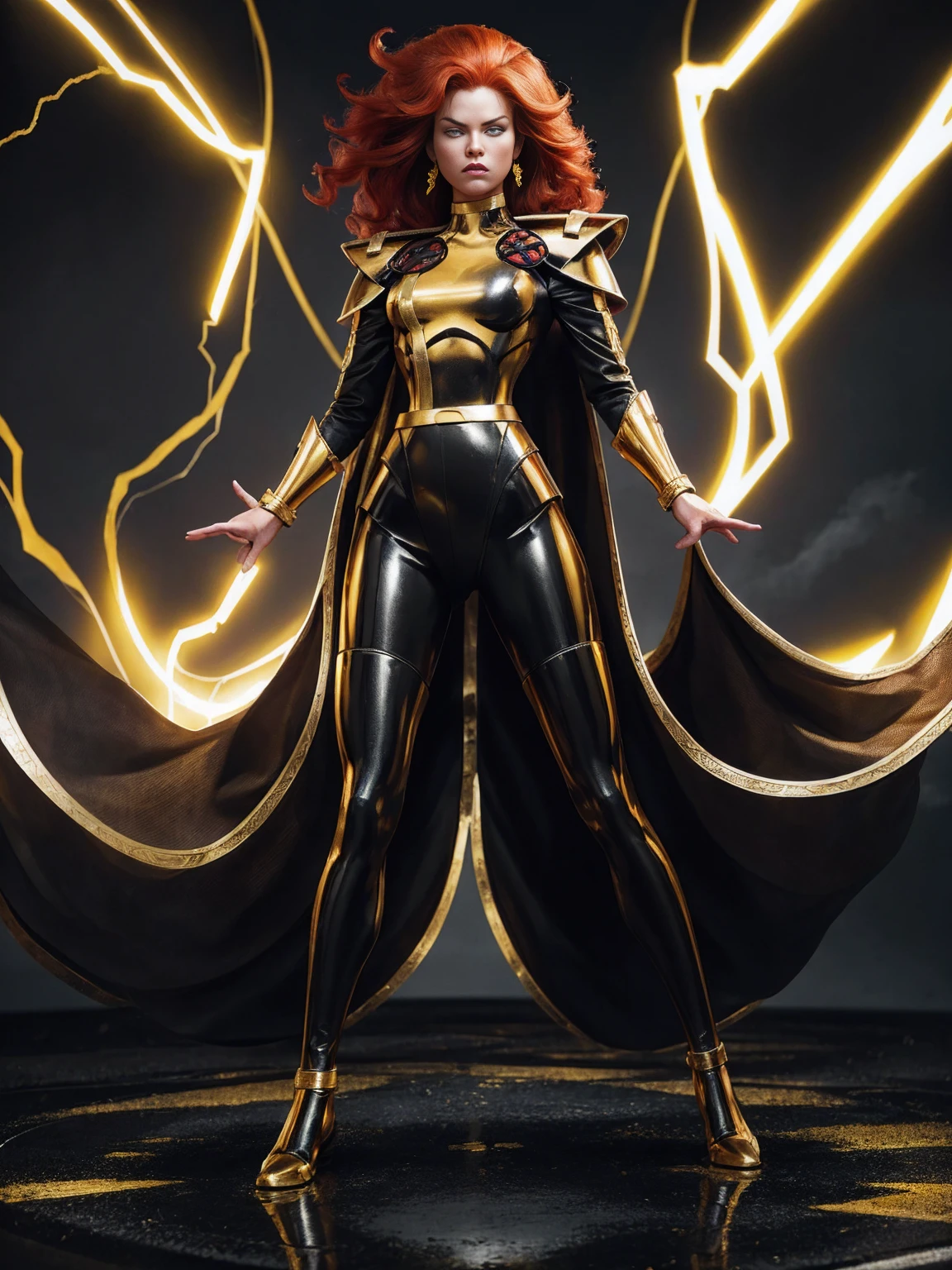 ((Full body photo,standing, feet on the ground))CARTOON_X_MENs_Storm,A red-haired warrior girl with yellow eyes wearing black and gold CARTOON_X_MENs_Storm, armor