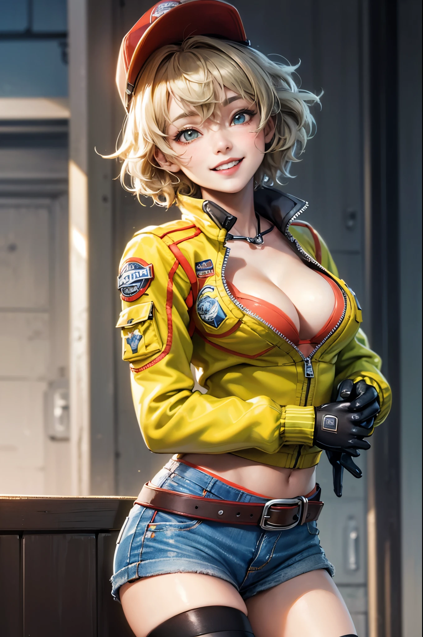 (masterpiece, best quality:1.2), expressive eyes, perfect face, highres, 1girl, solo, cindy aurum, baseball cap, cropped jacket, cleavage, orange bra, black gloves, belt, denim shorts, black stockings, white boots, smiling, standing, upper body, looking at the viewer
