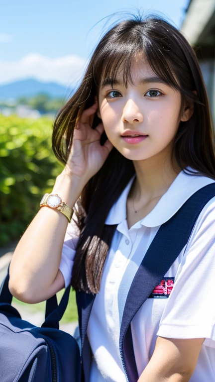 ((highest quality、masterpiece))、Raw photo、8k、highest quality、 超A high resolution、Beautiful face in every detail、Realistic human skin、Gentle expression、View from the front、color々From an angle、Hair length、Realistic、Photorealistic、cute、Short skirt、cute女子高生、Japan in uniform、Surreal school girl、outside of home、(watch)、bracelet、blue sky、bus stop、school bag、