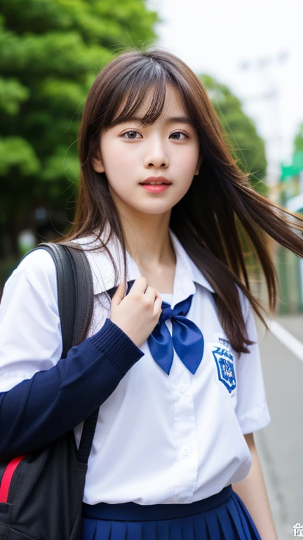 ((highest quality、masterpiece))、Raw photo、8k、highest quality、 超A high resolution、Beautiful face in every detail、Realistic human skin、Gentle expression、View from the front、color々From an angle、Hair length、Realistic、Photorealistic、cute、Short skirt、cute女子高生、Japan in uniform、Surreal school girl、outside of home、(watch)、bracelet、blue sky、bus stop、school bag、