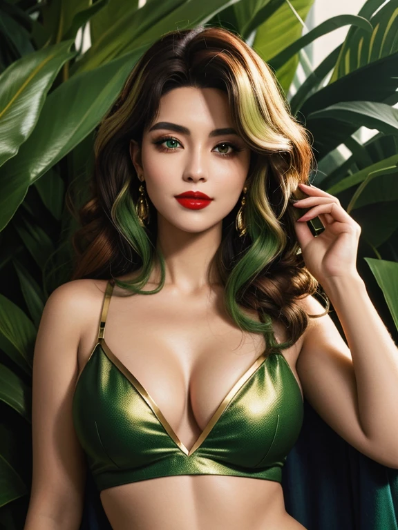 obra de arte solo, 1 garota, Red lips parted in a seductive smile, bombas de colete colossales, olhos verdes brillantes, hair in tight curls, cheveios multicolores with golden and green highlights, chestnut brown base, Ombre effect, reminiscent of X-Men's Anna Lebeau, franja lateral, side lighting revealing intricate pores and textures on her smooth, urban jungle backdrop, high-quality retro illustration, capturing the essence of a Super Heroin character.