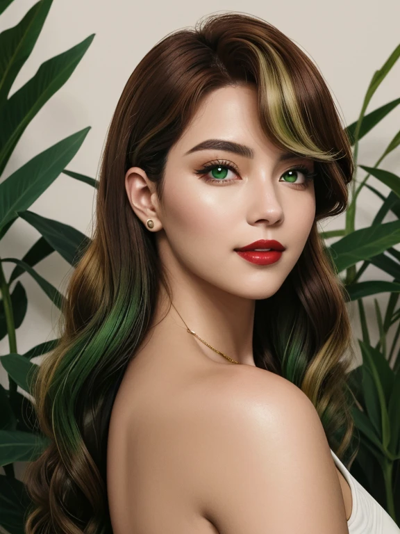 obra de arte solo, 1 garota, Red lips parted in a seductive smile, bombas de colete colossales, olhos verdes brillantes, hair in tight curls, cheveios multicolores with golden and green highlights, chestnut brown base, Ombre effect, reminiscent of X-Men's Anna Lebeau, franja lateral, side lighting revealing intricate pores and textures on her smooth, urban jungle backdrop, high-quality retro illustration, capturing the essence of a Super Heroin character.