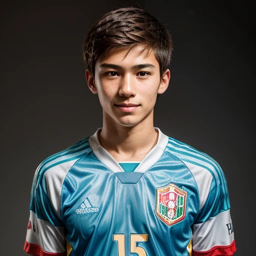 85mm DSLR colour photography of a very detailed headshot fitting all head and hair in frame, centered. 16 year old male, Japanese and Italian soccer player, with long light brown hair parted in the center, with a smug smile, wearing a teal and white stiped kit with gold separators. Solid white background.