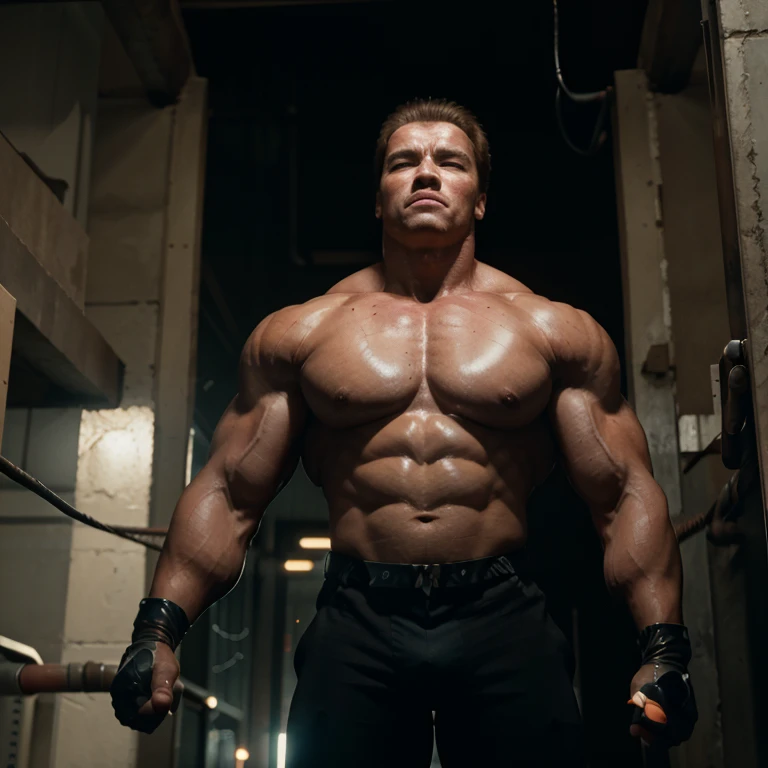 Arnold Schwarzenegger as the terminator, naked, buff, arms bound by robot wires tightly to back while kneeling and looking at camera, robot wires bound tight around body, frown 1.1, background: alleyway, time: night, not wearing clothes, Penis visible, eyes open 1.7, left eye pupil glowing red, big bulge visible through pants, naked, sweating, eyes open, penis tightly bound by robotic wires