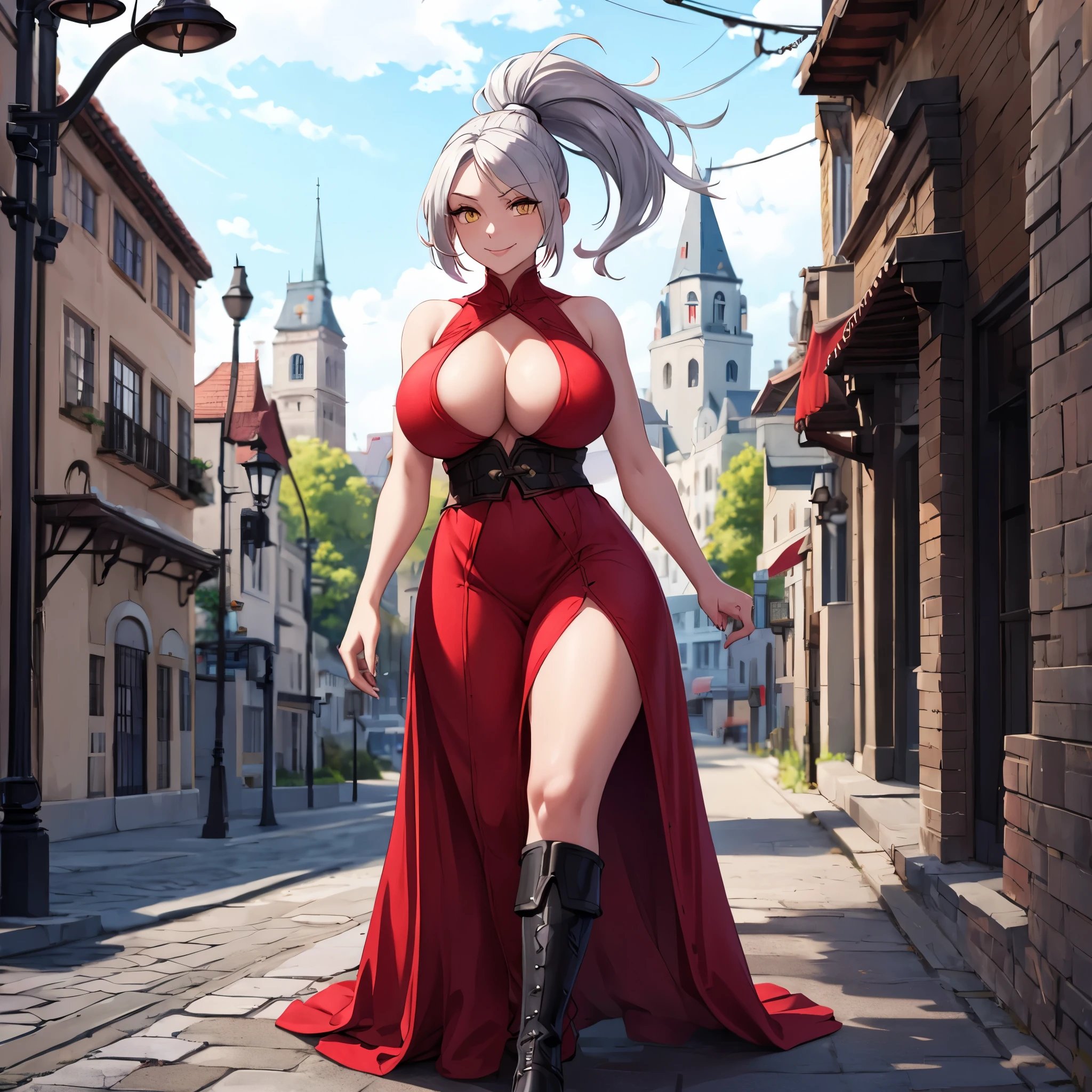 a woman wearing a red dress with white details, black boots, long silver hair, ponytail hair, yellow eyes, smiling, big breasts, walking on a sidewalk, with a lamp post, with a castle in the background,HDR, ultra resolution, well defined, masterpiece, 8K HD (woman solo )