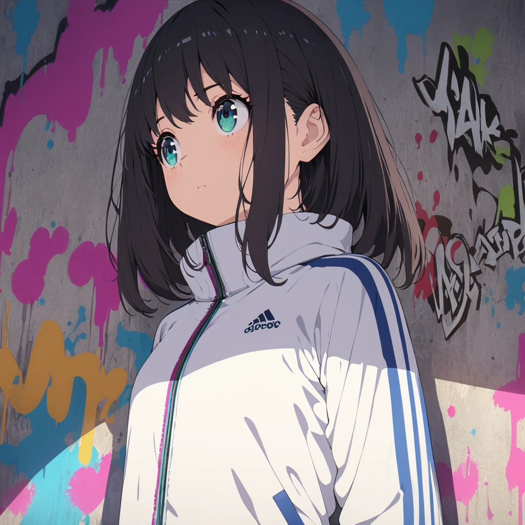 (highest quality), masterpiece, Highly detailed CG uniform 8K illustrations, High collar, extremely High collar saturation, All the colors have deepened, paint, Graffiti art, Center Configuration, Highly detailed lights and shadows, Graffiti wall, wall painted bright, A girl&#39;s graffiti A girl is staring at the wall, Highly detailed face and eyes, Medium length hair, Sportswear, Coloured Clouds