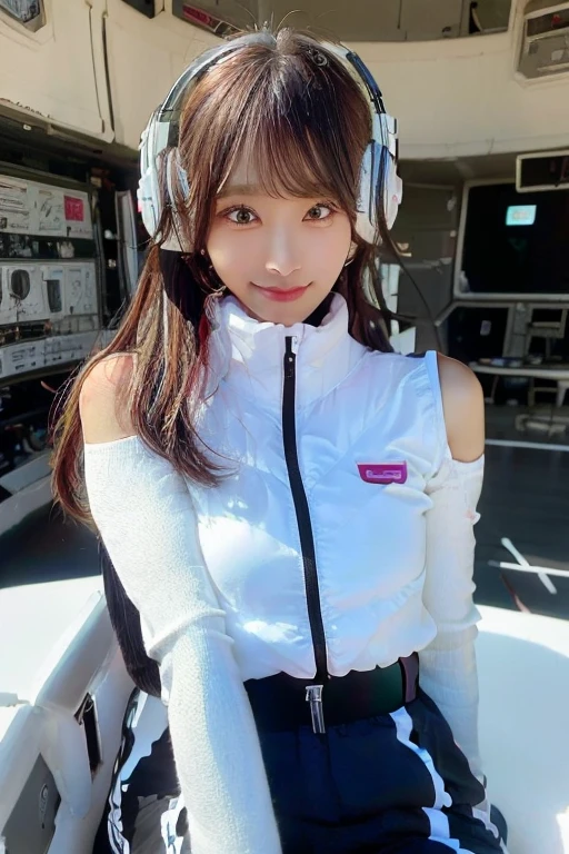 High resolution, highest quality, Perfect dynamic composition, Beautiful details, Off the shoulder、Shiny Hair、Medium Hair, Natural color lip, university student、Harajuku、smile、(headphone),(headset),(astrovest):3,(black sleeves):5,inside spacestation,inside spacecraft,,zero gravity,smile,open leg,blush:1.5,hidden hands,neotech,(8k, highest quality, masterpiece:1.2), (Realistic, photo-Realistic:1.37), Very detailed,highest quality, Ultra-high resolution, Professional Lighting, Photon Mapping, Radio City, Physically Based Rendering, Cinema Lighting, Basketball court,Depth of written boundary, Sharp focus,Sunbeam, Good composition,(Bokeh:1.2) One girl,alone,(whole body), (Mouth closed),Beautiful fine details, Pause, Tight waist,Basketball Uniforms, Black Hair,Messy Hair,Long hair blowing in the wind,(Ulzzang-6500:1.2) Mix 4, Hello