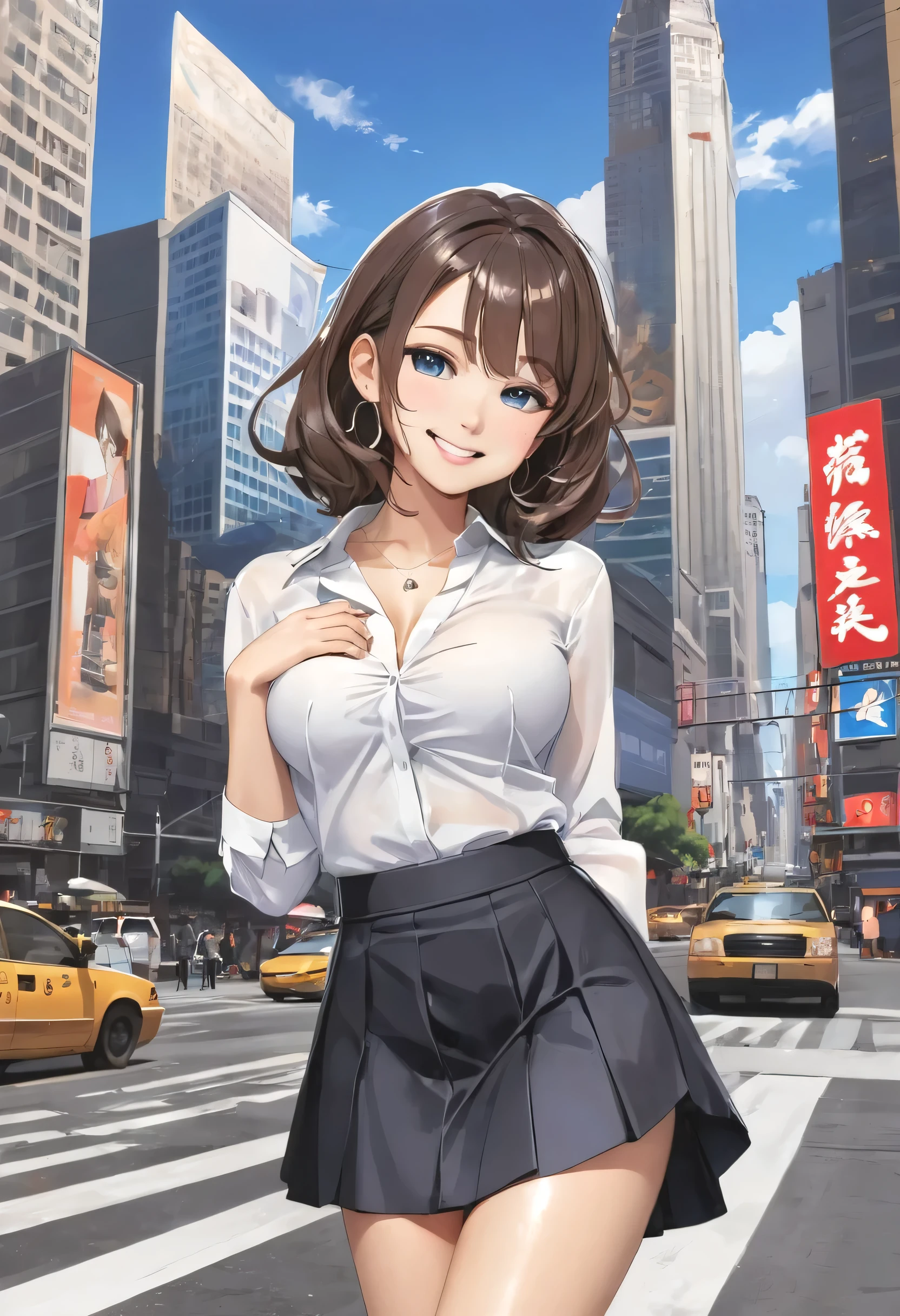 masterpiece、Mastepiece、girl、Random hairstyle、Clear eyes、Smiling at the audience、Perfect proportions、full body shot、Large breasts、Wear a stylish blouse、Wearing a skirt、Sexy pose、The background is American cities