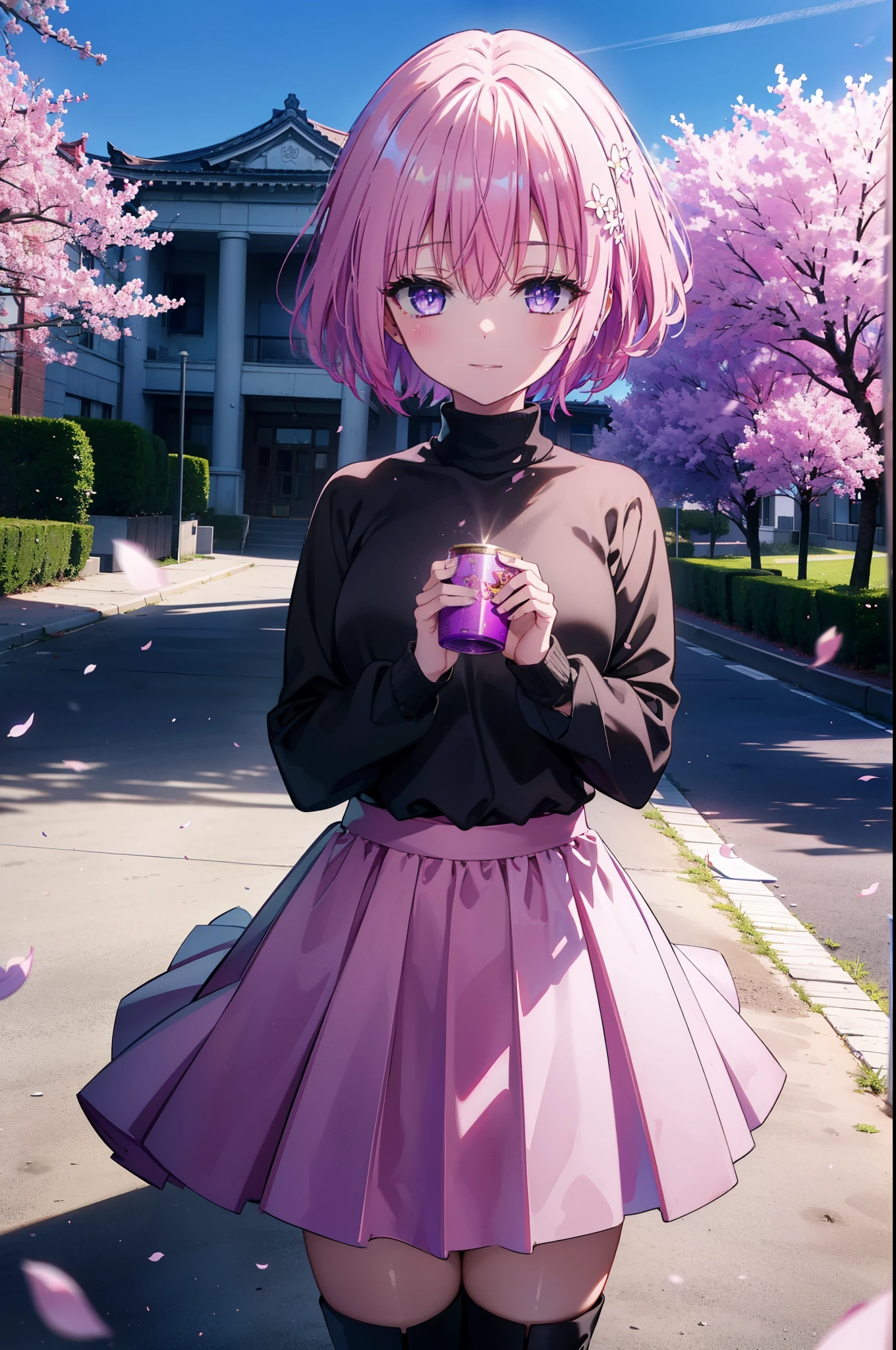 Momodebilke, Deviluke Type, demon tail, Hair Flowers, hair ornaments, (Purple eyes:1.1), Pink Hair, short hair, tail, happy smile, smile, Open your mouth,
break demon tail, Turtleneck sweater,Long skirt,short boots,Cherry blossoms are blooming,Cherry blossoms are scattered,桜並木道
break outdoors, School　School building,
break looking at viewer, (Cowboy Shot:1.5),
break (masterpiece:1.2), highest quality, High resolution, unity 8k wallpaper, (figure:0.8), (beautiful detailed eyes:1.6), extremely detailed face, Perfect lighting, extremely detailed CG, (Perfect hands, Perfect Anatomy),