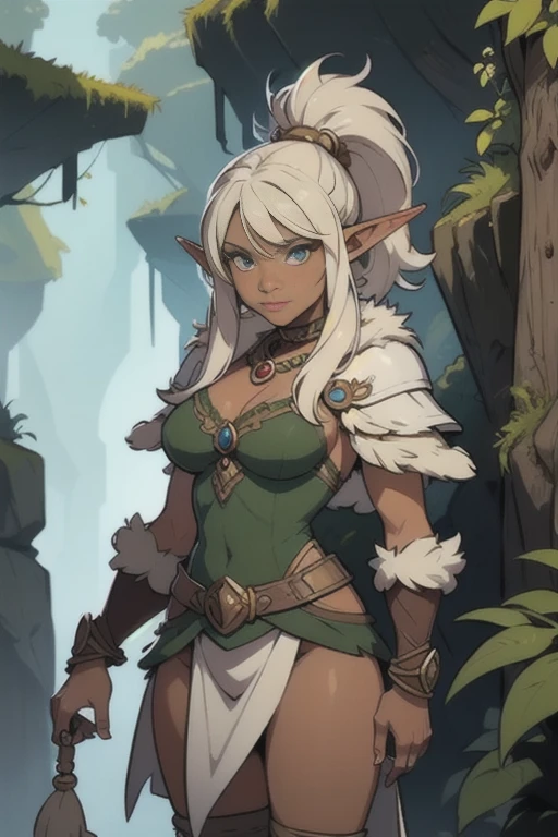 Ancient, Lost elf tribe, fur armor, rings, female creature, prehistoric era, leader, looking at viewer,