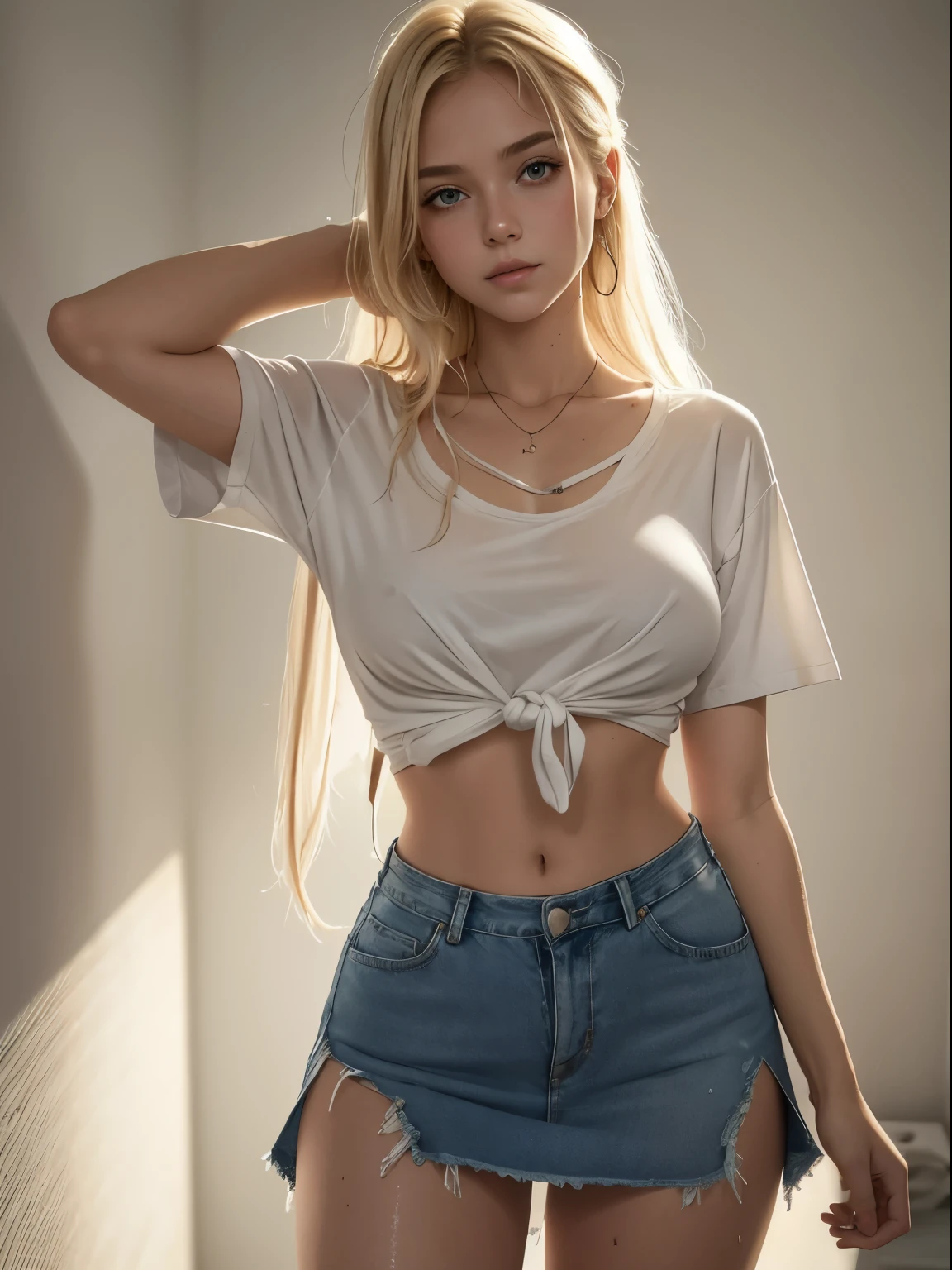 A beautiful blonde woman, 19 year old, beautiful face, blushing slightly, sweaty, wearing a shirt tied at the midriff, high slit extremely short jean skirt, wearing no bra, wearing no underwear, nipples poking out, shirt wet with sweat, shirt tied together by a knot, the shirt has a cut down the middle, tied together in a knot, skirt high slit and tied at the sides