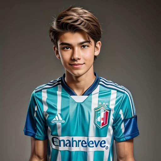85mm DSLR colour photography of a very detailed headshot fitting all head and hair in frame, centered. 16 year old male, Japanese and Italian soccer player, with long light brown hair parted in the center, with a smug smile, wearing a teal shirt with pale gold stroked white stripes. Solid white background.