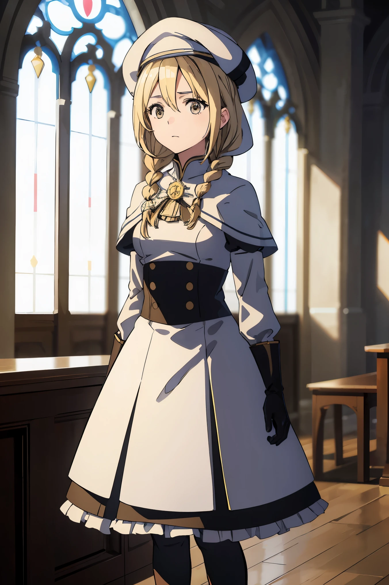 (masterpiece, flawless quality:1.2, anime style), 1girl, bright blonde hair, 1girl, solo, braid, brown eyes, loose hair, cleric dress, fur on dress, long sleeves, depressed, inside, church hall, small breasts, shy, bagged eyes, (medieval, at attention, facing viewer), cowboy shot, looking at viewer, facing viewer, gloves, braided ponytail, puffy skirt, (standing with hands folded), formal, (still hair), defMercedes, capelet, hair bow, white shirt, black skirt, blue leggings, boots, dress, frilled sleeves, frills, hat, white headwear, pelvic curtain, high heels, robe, thigh boots, thighhighs, white thighhighs, long sleeves, puffy sleeves, ophilia, face veil