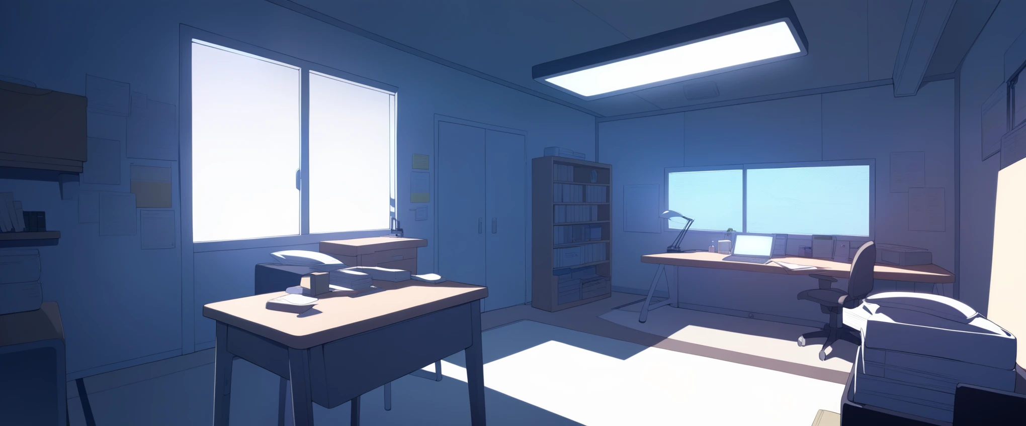 Dimly lit room with fluorescent light from a desk, light yagami's room, anime-style room