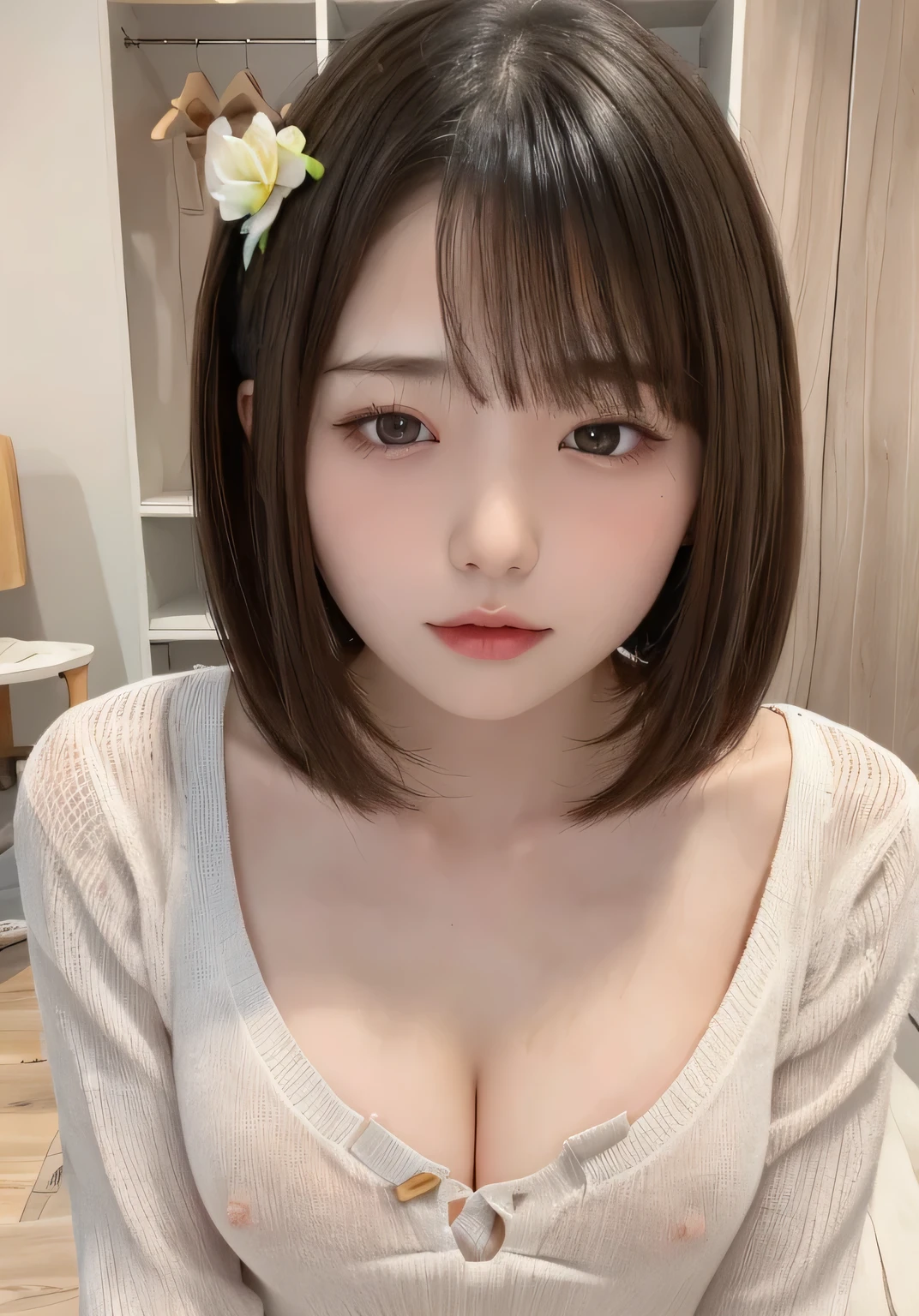 (NSFW:1.6)、one Japanese girl, (a beauty girl, delicate girl:1.3), (:1.0),
break, (summer、 blouse:1.3),
break, (Dressing room in a shoe store:1.3),
break, Extremely fine resolution, (Symmetrical eyes:1.3),
break, Small breasts, Brown eyes, Parted bangs, brown hair, girl,
break, (Eye and facial details:1.0)
break, (masterpiece, highest quality, Very detailed, Detailed face, 8K)、(Nipples visible through gaps in clothes:1.4)、stand、slouch、face down、Wipe the floor、The viewer grabs the chest、Hands behind back、Beautiful nipples、Place your chest against a transparent board、Pushed from behind、Press your chest against the glasirror、Dressing room、hands in front、Sticking out the chest