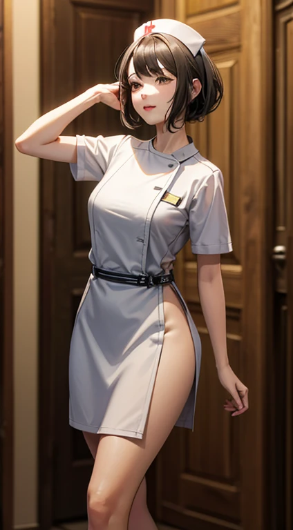 olfn,(masterpiece,best quality,ultra detailed),
1girl,perfect pretty face,dynamic pose,nurse dress,white dress, short skirt,detailed background,