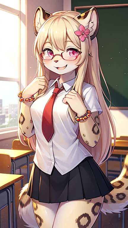 snow leopard girl,pink eyes,yellow long hair,beige leopard ears,beige leopard tail,black leopard print,beige leopard fur,white shirt,red necktie,dark blue mini skirt,flower hairpin,glasses,bead bracelet,classroom,morning,white sunlight,looking at viewer,smile,excited face,full face blush,upper body only,nswf.
