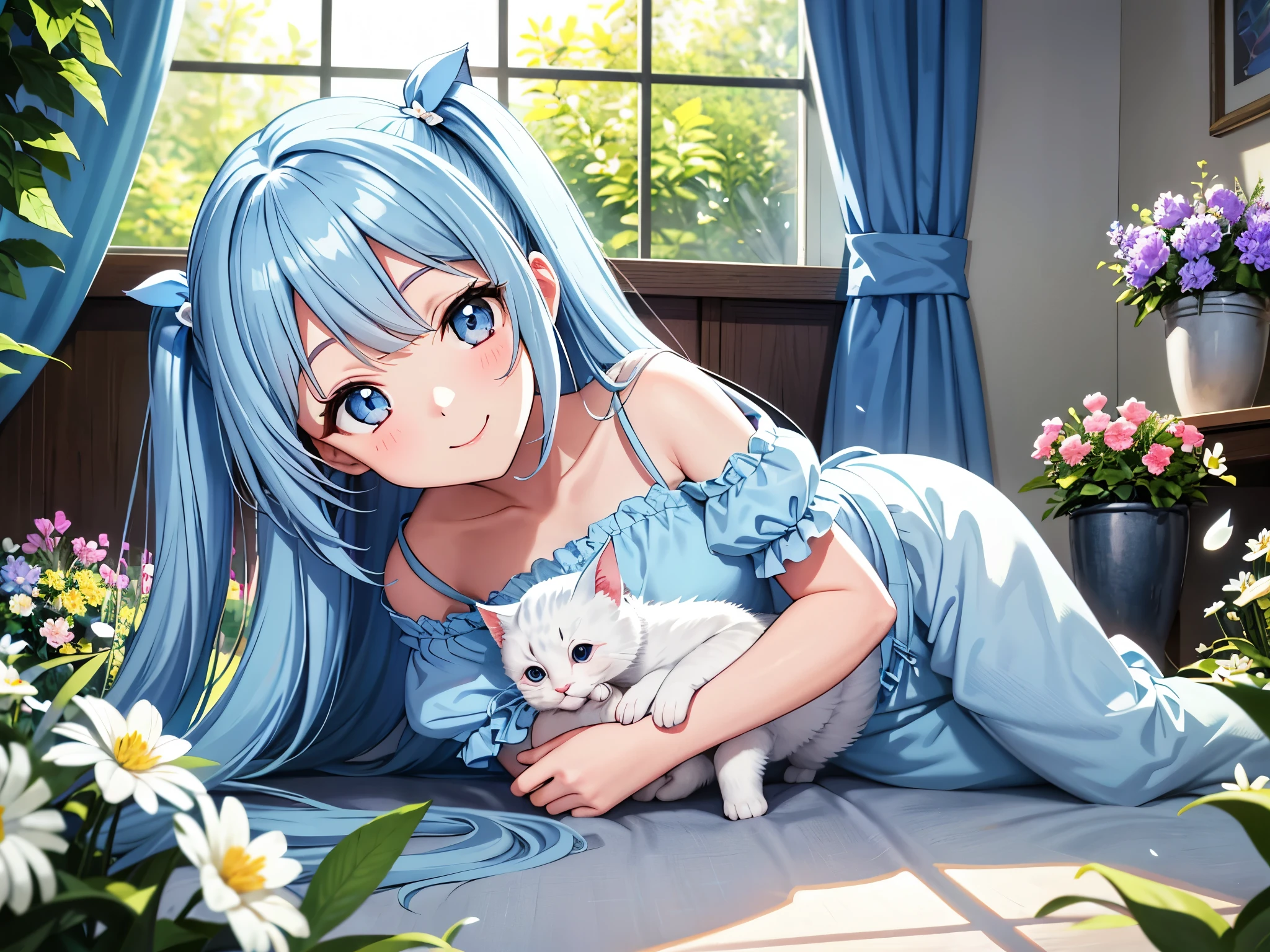 Light blue long hair、Beautiful girl with twin tails、Bright smile、Dark Eyes,With lots of cute kittens,A bright, sunny room、Face with clear contours,room full of flowers、Outside the window, fresh greenery and flower petals flutter