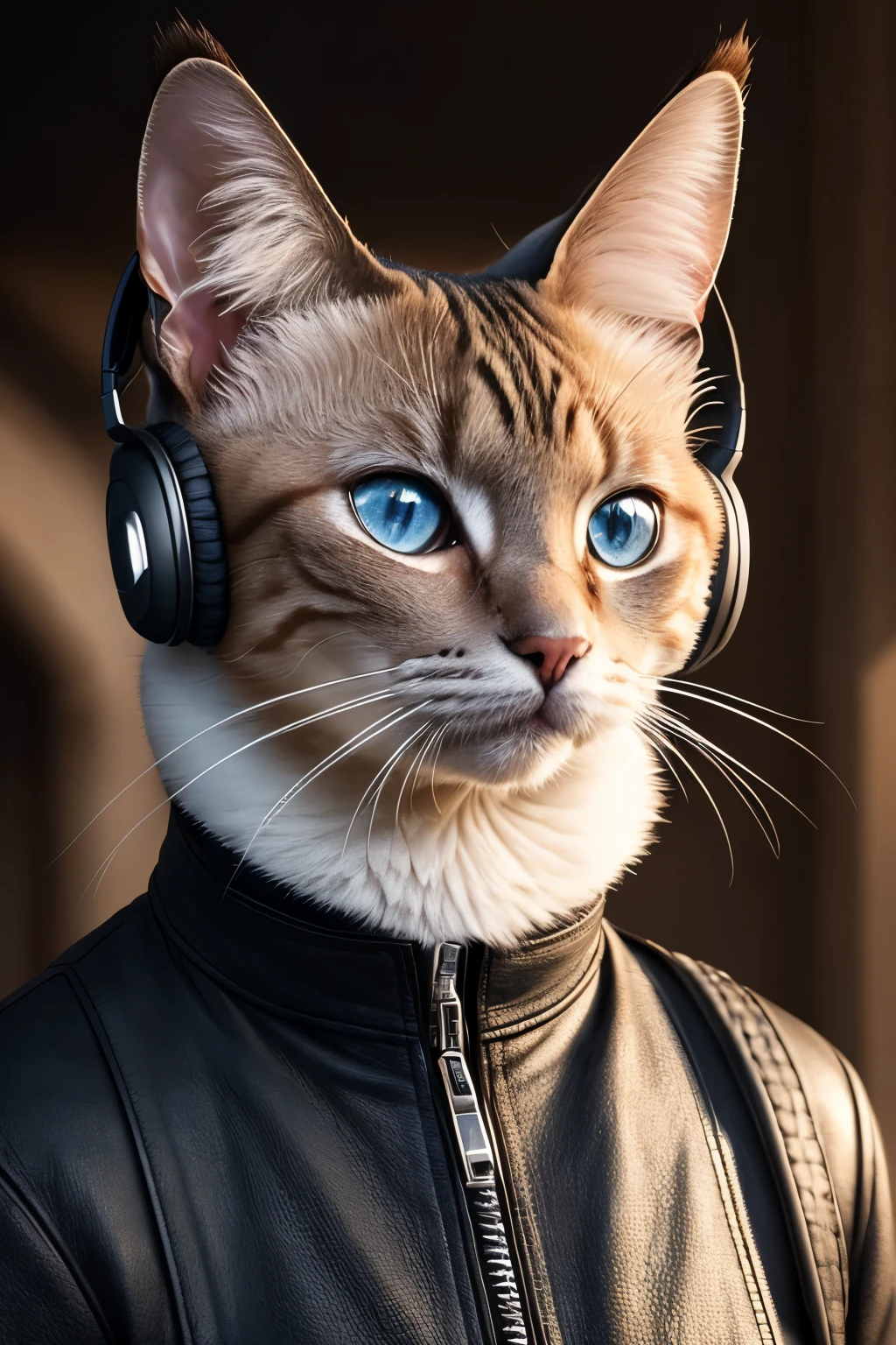 A captivating Siamese cat, adorned with a stylish headset and a sleek leather jacket, connected by a silver cord. This digital art piece showcases the elegant feline's distinctive coat, detailed facial features, and expressive eyes, creating a captivating and intriguing image. The cat's posture exudes confidence and curiosity, adding to the overall allure of this masterpiece. The high resolution, sharp focus, and hyperdetailed texture enhance the lifelike quality of the artwork, making it a true standout in the digital art community. Shot on a Canon EOS R5, using a 50mm lens and F/2.8 aperture
