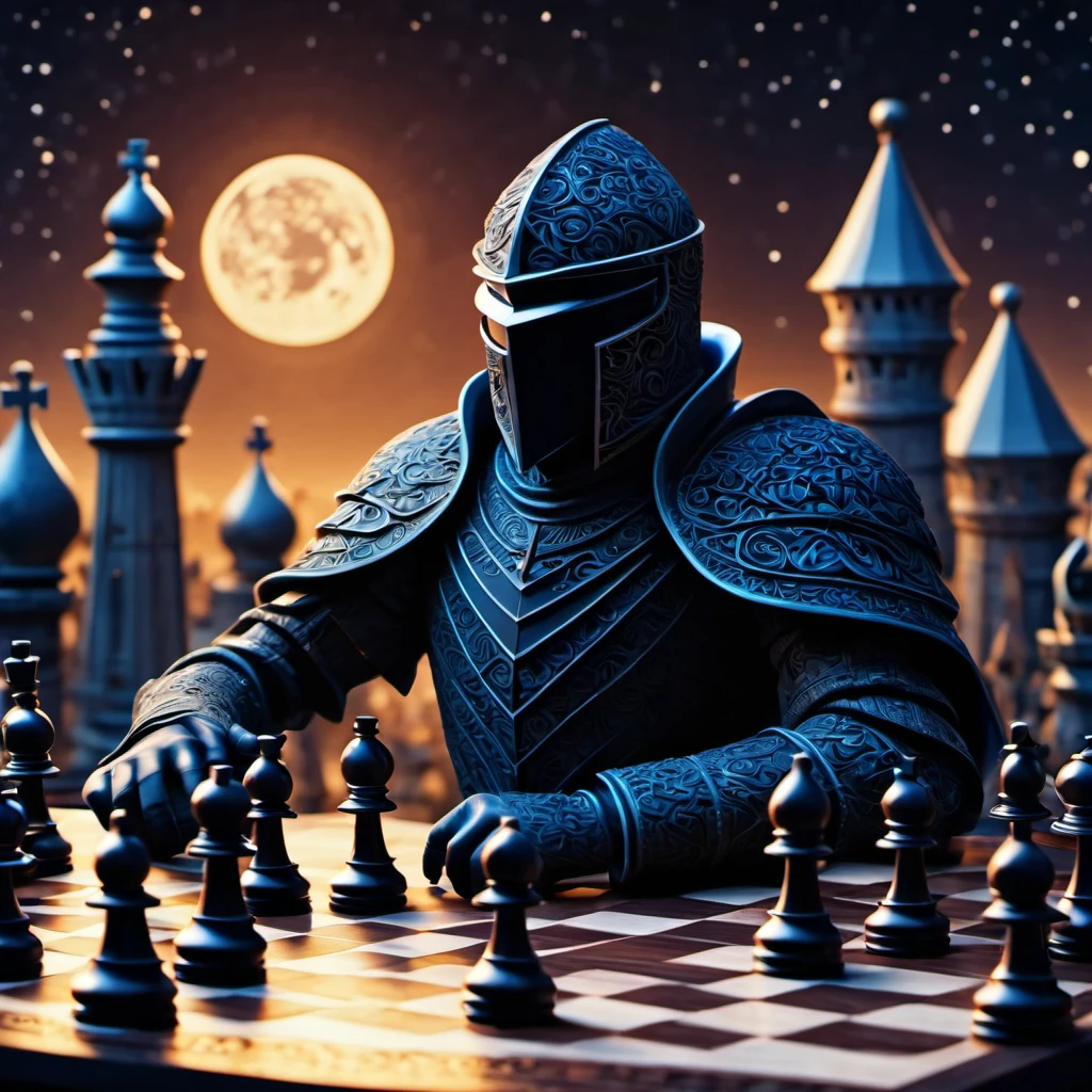 (best quality, highres, ultra sharp), magical chess Swordsman Standing , about the curvature of space time, in a dark night, art deco, zentangle, 3d crunch, cinematic, facing camera, close up, medieval city with chess rooks in the background