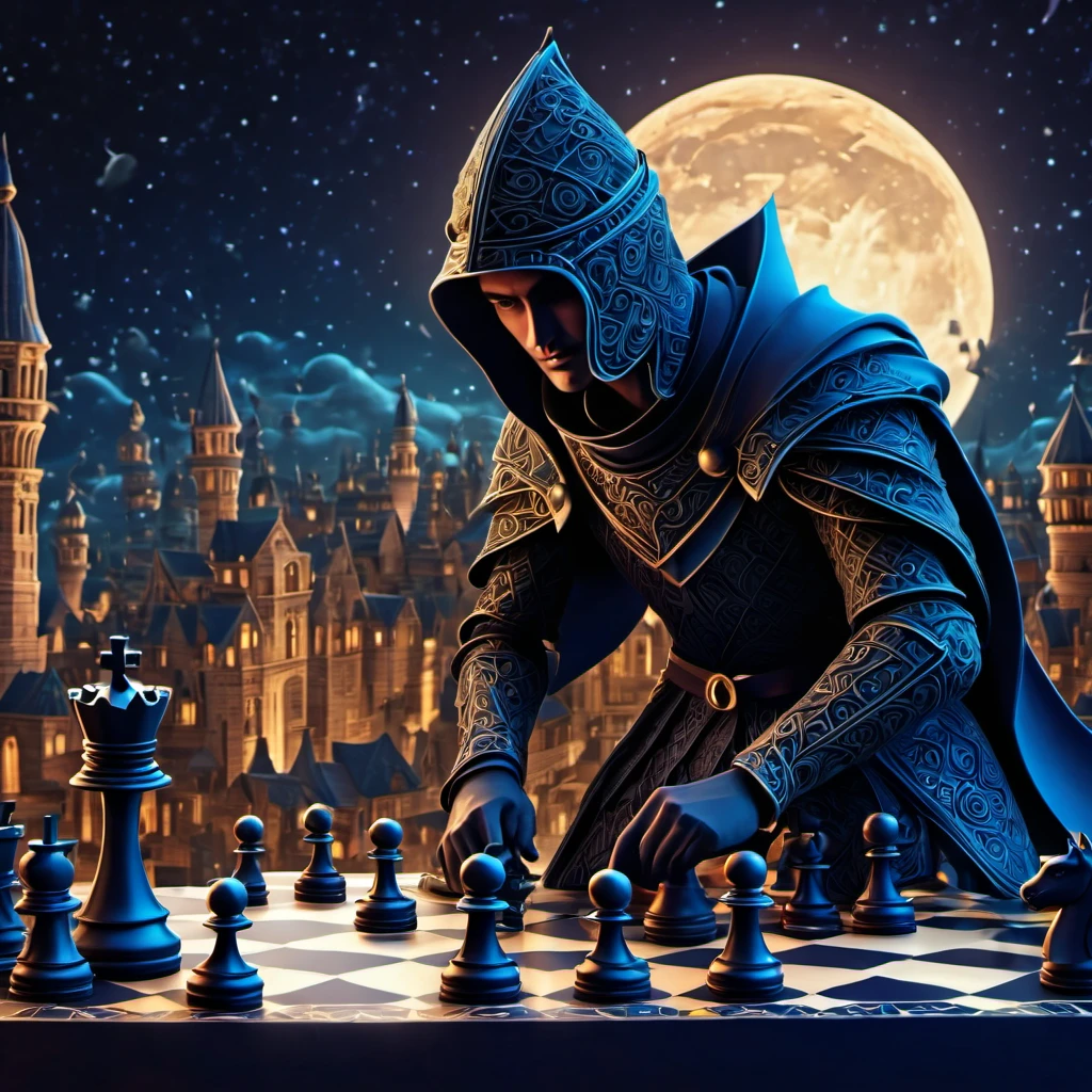 (best quality, highres, ultra sharp), magical chess Swordsman Standing , about the curvature of space time, in a dark night, art deco, zentangle, 3d crunch, cinematic, facing camera, close up, medieval city with chess rooks in the background