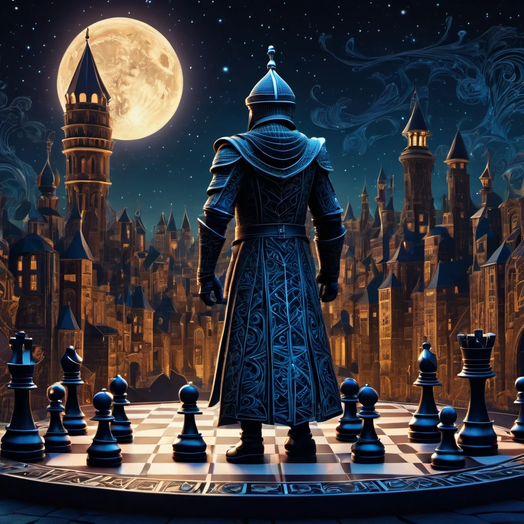 (best quality, highres, ultra sharp), magical chess Swordsman Standing , about the curvature of space time, in a dark night, art deco, zentangle, 3d crunch, cinematic, facing camera, close up, medieval city with chess rooks in the background