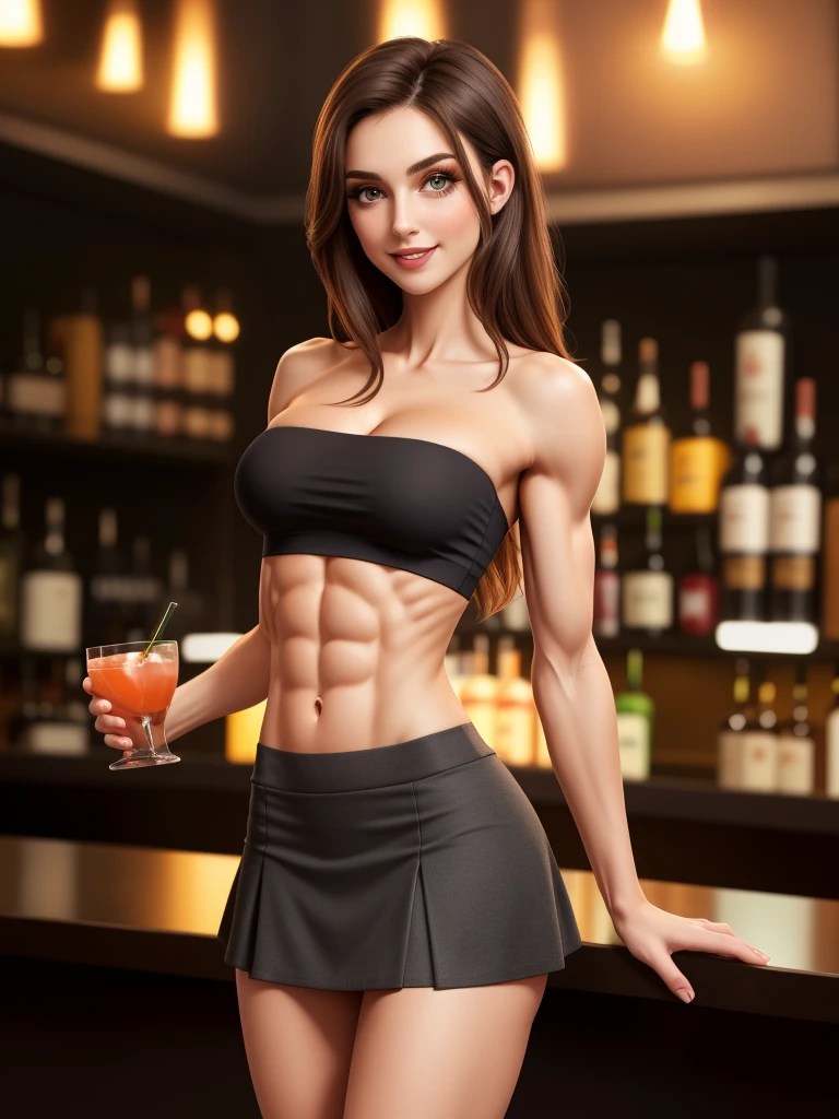 muscular, thick thighs, wide hips, huge perky ass, very pale fair white skin, long flowing hair, big hazel eyes, most beautiful brunette woman on earth, detailed face and eyes, looking at viewer, masterpiece, best quality, shallow depth of field, 8K HDR, huge breasts, 85mm photo, shallow depth of field, tack sharp, solo, 1girl, face extremely close to camera, downblouse, cleavage, from the front, facing camera, centred in frame, plump full lips, exaggerated hourglass physique, zero body fat, muscle definition, striations, broad shoulders, deltoids, tiny waist, long lean torso, shredded eight pack abs, obliques, real hands, extremely seductive cocktail waitress, flirtatious smile, (dark smoky jazz club, bandeau crop top, miniskirt:1.3), from slightly above, SlightMuscle